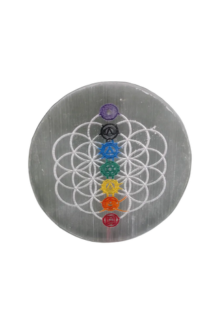 Selenittplate Flower of Life med Chakrasymboler
